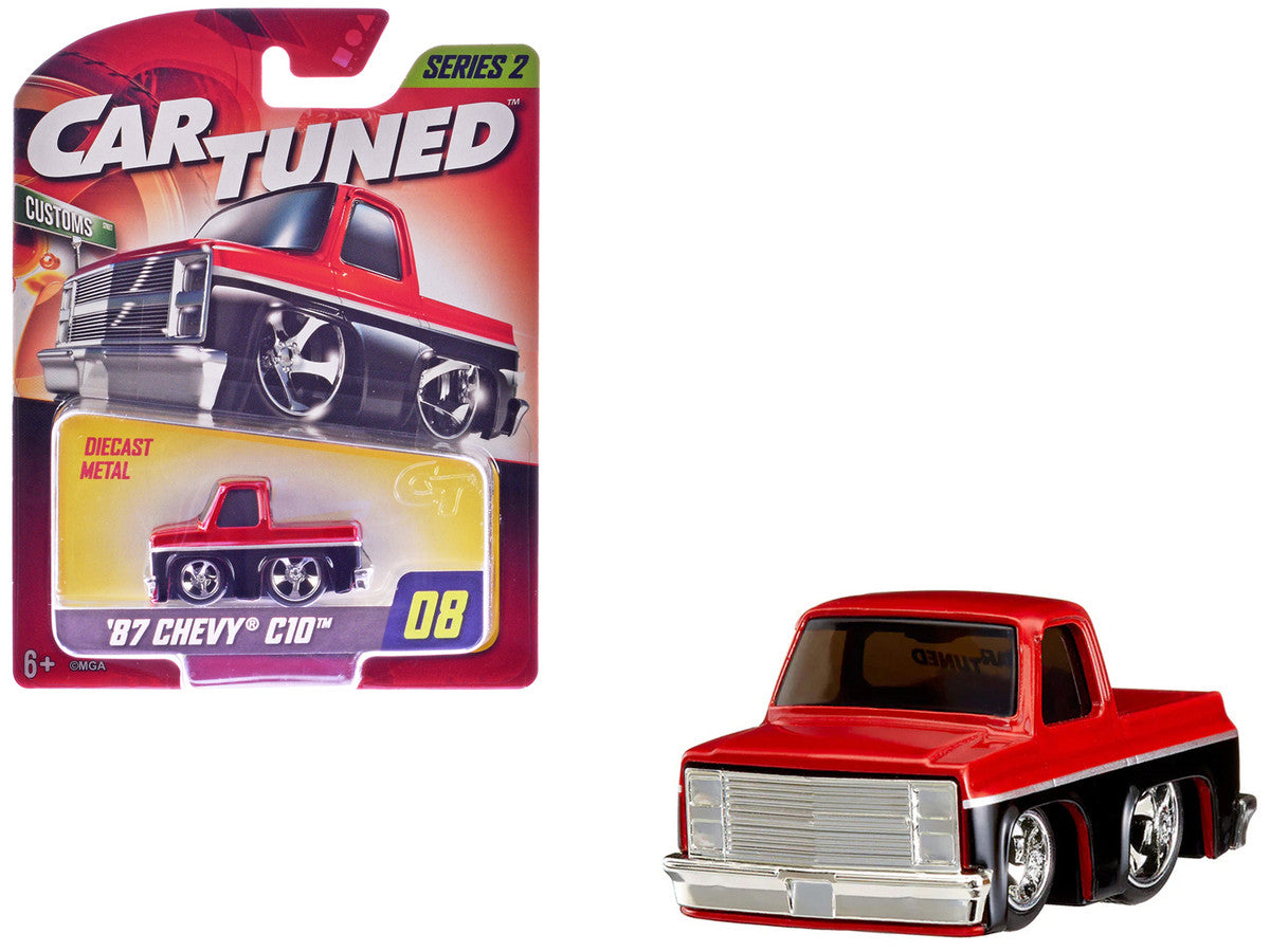 1987 Chevrolet C10 Pickup Truck Red Metallic and Black "Customs" Series 2 Diecast Model Car by CarTuned-2