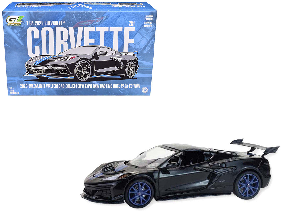 2025 Chevrolet Corvette C8 ZR1 Black with Blue Stripes with Raw Casting Dual Pack "2025 Greenlight Waltersons Collector's Expo Exclusive" 1/64 Diecast Model Car by Greenlight-2