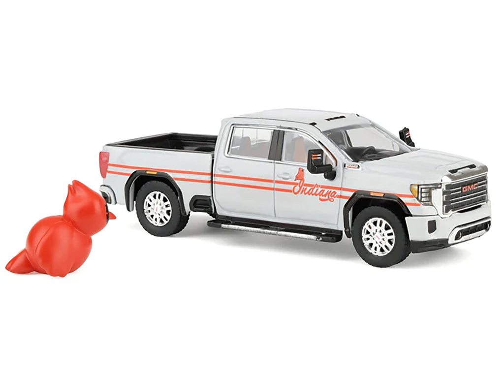 2022 GMC Sierra 3500 HD Pickup Truck "Indiana Cardinals" Silver Metallic with Red Stripes and Cardinal Figure "2025 Greenlight Waltersons Collector's Expo Exclusive" 1/64 Diecast Model Car by Greenlight-0