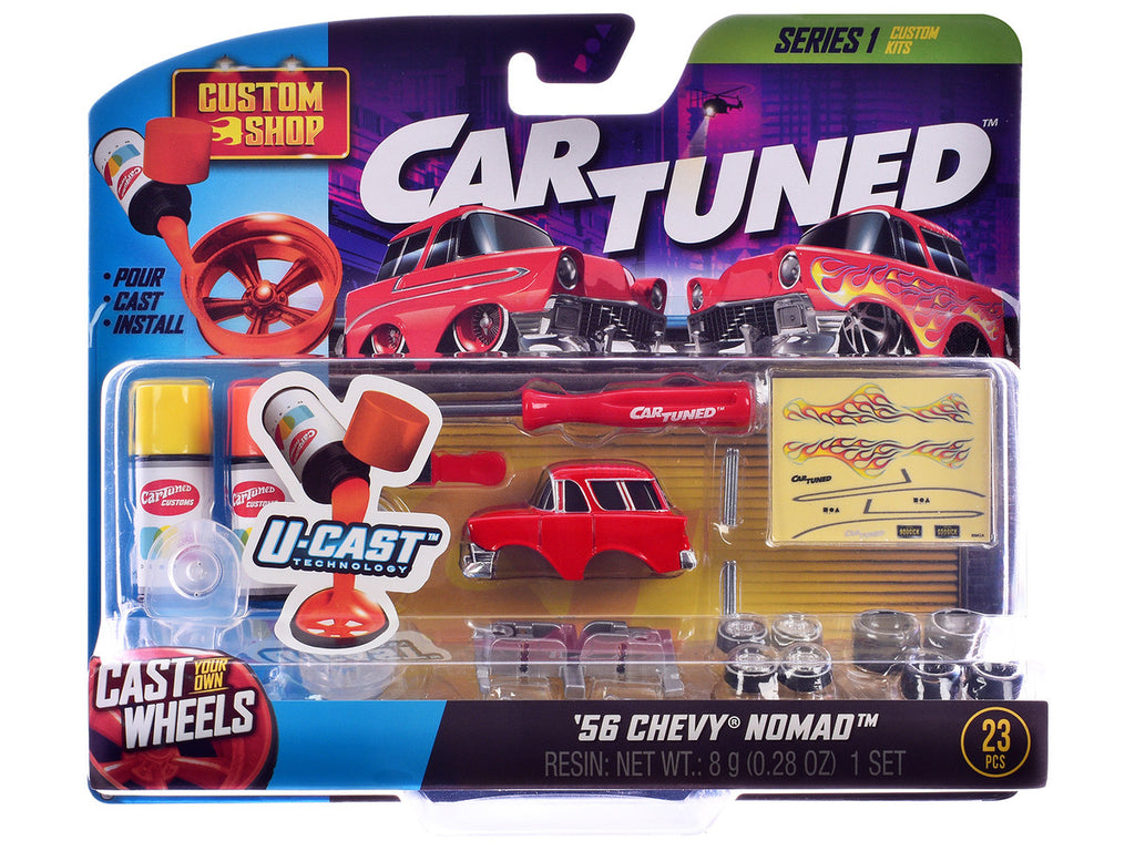 1987 Chevrolet C10 Pickup Truck Orange and 1956 Chevrolet Nomad Red "Custom Shop" 2 Car Set Diecast Model Cars by CarTuned-3