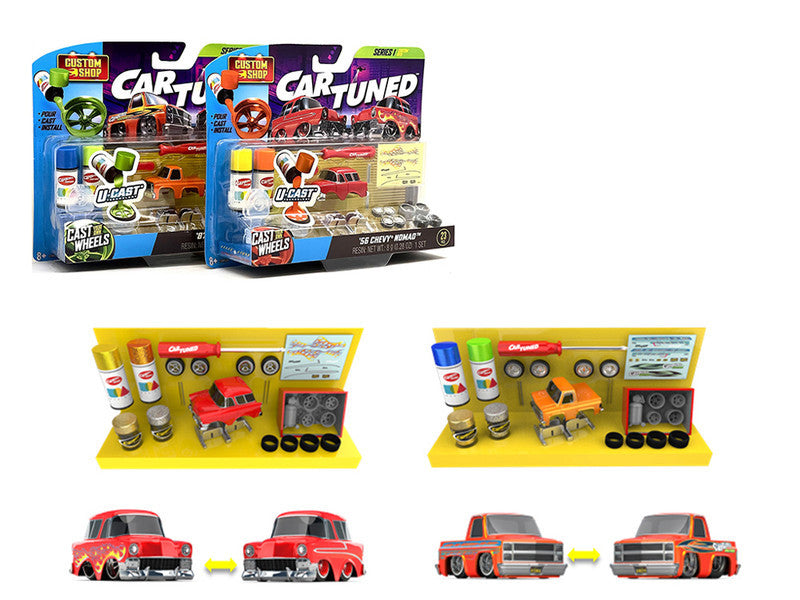 1987 Chevrolet C10 Pickup Truck Orange and 1956 Chevrolet Nomad Red "Custom Shop" 2 Car Set Diecast Model Cars by CarTuned-1