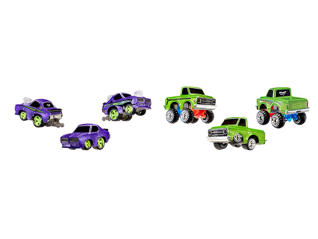 1969 Pontiac GTO Purple Metallic and 1967 Chevrolet C10 Pickup Truck Green Metallic "Custom Shop" 2 Car Set Diecast Model Cars by CarTuned-0