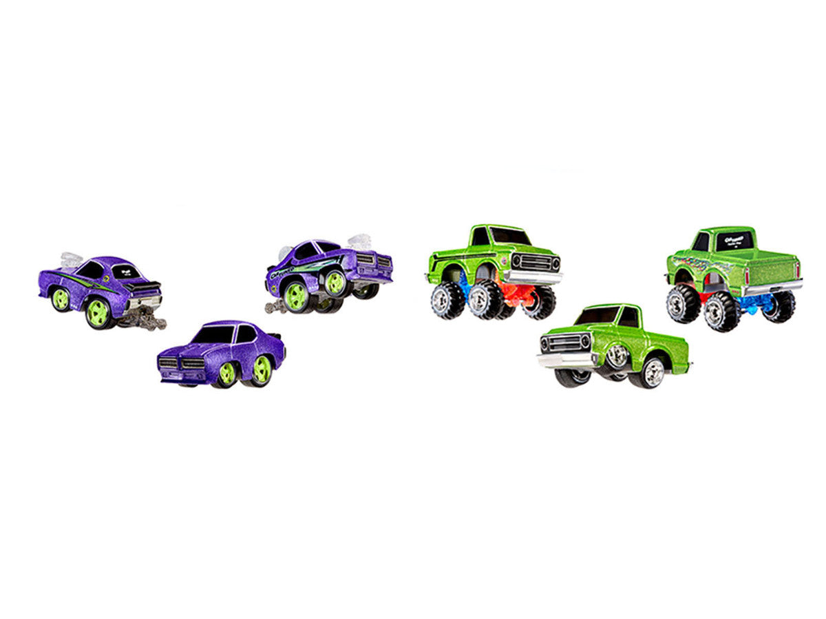1969 Pontiac GTO Purple Metallic and 1967 Chevrolet C10 Pickup Truck Green Metallic "Custom Shop" 2 Car Set Diecast Model Cars by CarTuned-0
