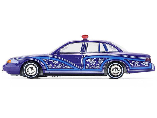 1992 Ford Crown Victoria Lowrider Blue with Graphics and Lightbar "California Lowriders" Series 7 1/64 Diecast Model Car by Greenlight-0