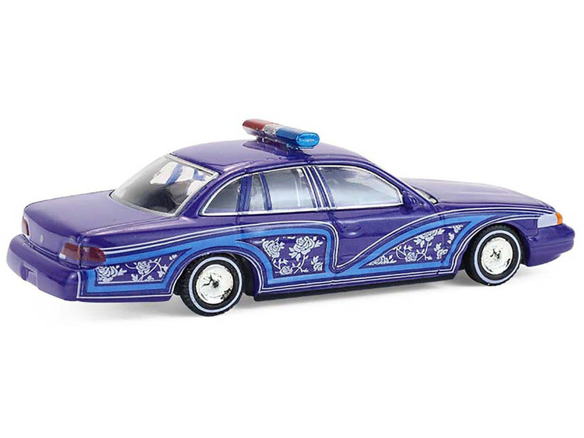 1992 Ford Crown Victoria Lowrider Blue with Graphics and Lightbar "California Lowriders" Series 7 1/64 Diecast Model Car by Greenlight-3