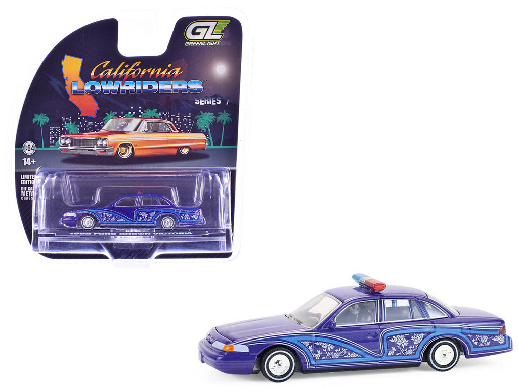 1992 Ford Crown Victoria Lowrider Blue with Graphics and Lightbar "California Lowriders" Series 7 1/64 Diecast Model Car by Greenlight-4