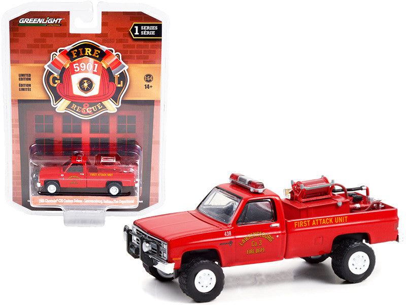 1986 Chevrolet C20 Custom Deluxe Pickup Truck Red First Attack Unit Fire Equipment and Hose and Tank "Lawrenceburg Fire Department" (Indiana) "Fire & Rescue" Series 1 1/64 Diecast Model Car by Greenlight-0
