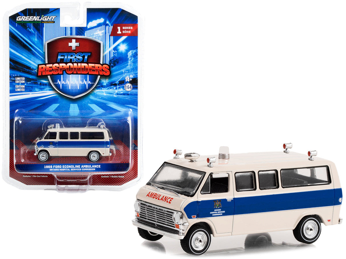 1969 Ford Econoline Ambulance Beige with Blue Stripes "Ontario Hospital Services Commission Ontario Canada" "First Responders" Series 1 1/64 Diecast Model Car by Greenlight-2