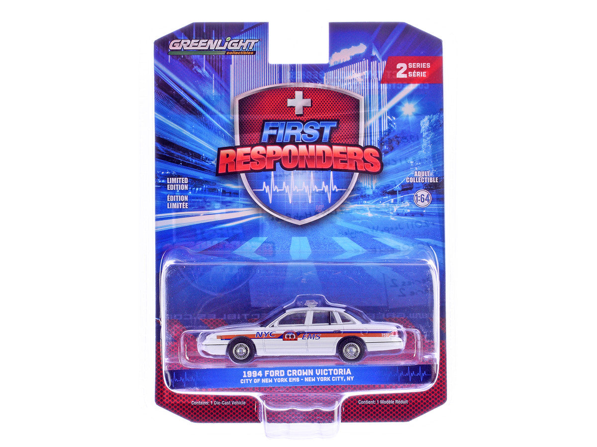 1994 Ford Crown Victoria "NYC EMS (City of New York Emergency Medical Service)" White with Blue and Red Stripes "First Responders" Series 2 1/64 Diecast Model Car by Greenlight-0