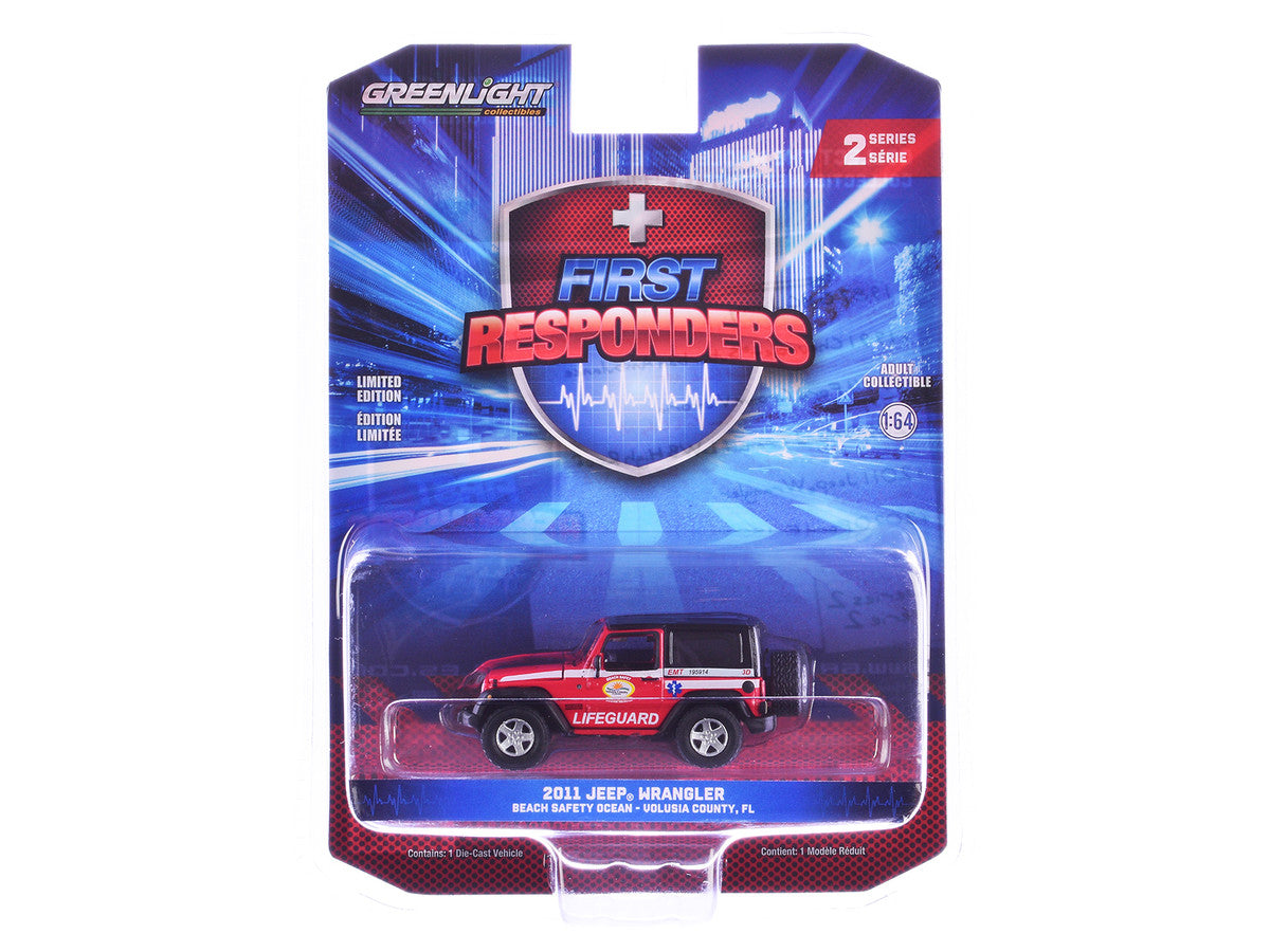 2011 Jeep Wrangler "Volusia County Florida Beach Safety Ocean Rescue Lifeguard/EMT" Red with White Stripes "First Responders" Series 2 1/64 Diecast Model Car by Greenlight-0