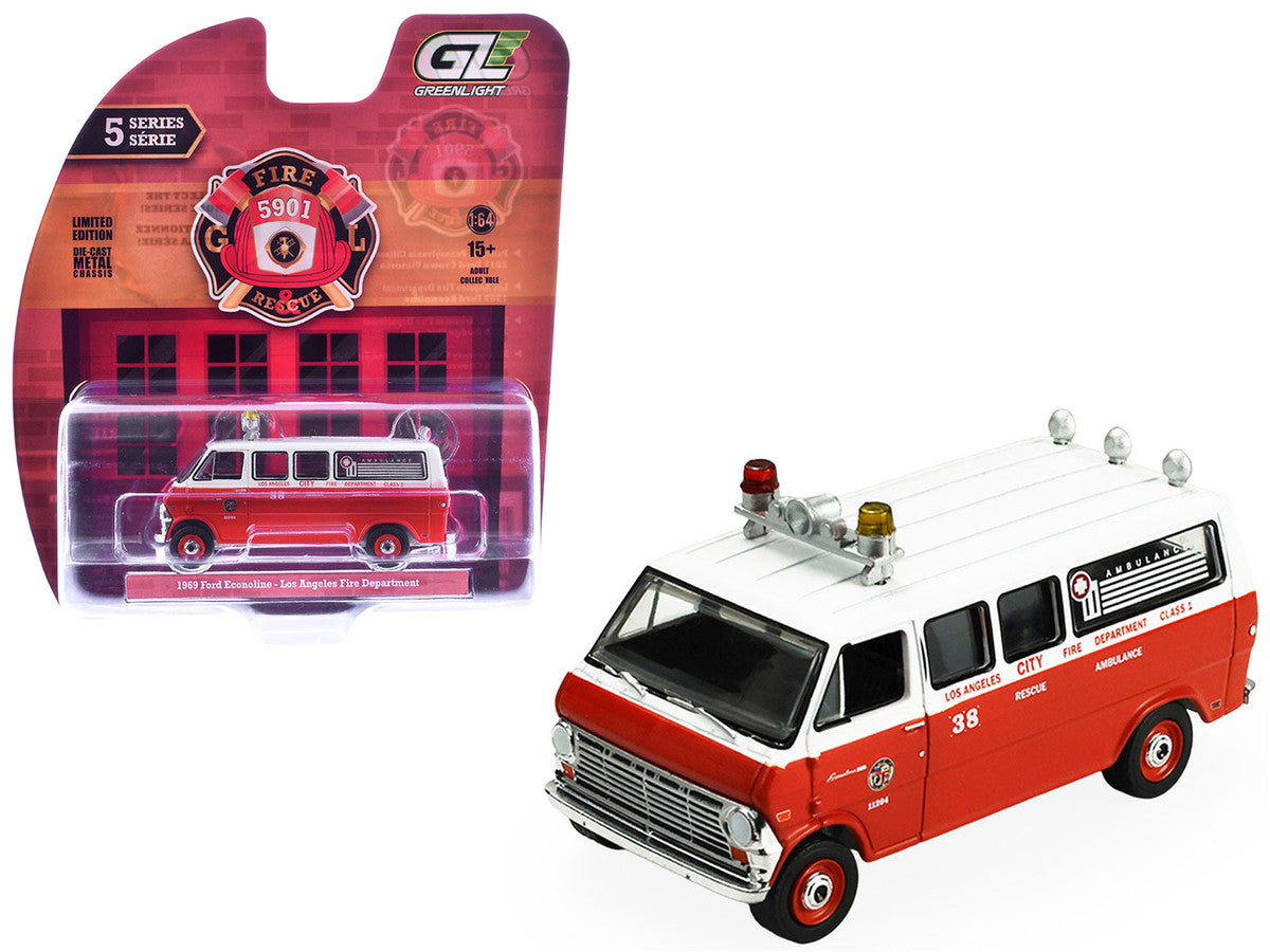 1969 Ford Econoline Ambulance "Los Angeles Fire Department" Red and White "Fire & Rescue" Series #5 1/64 Diecast Model Car by Greenlight-4