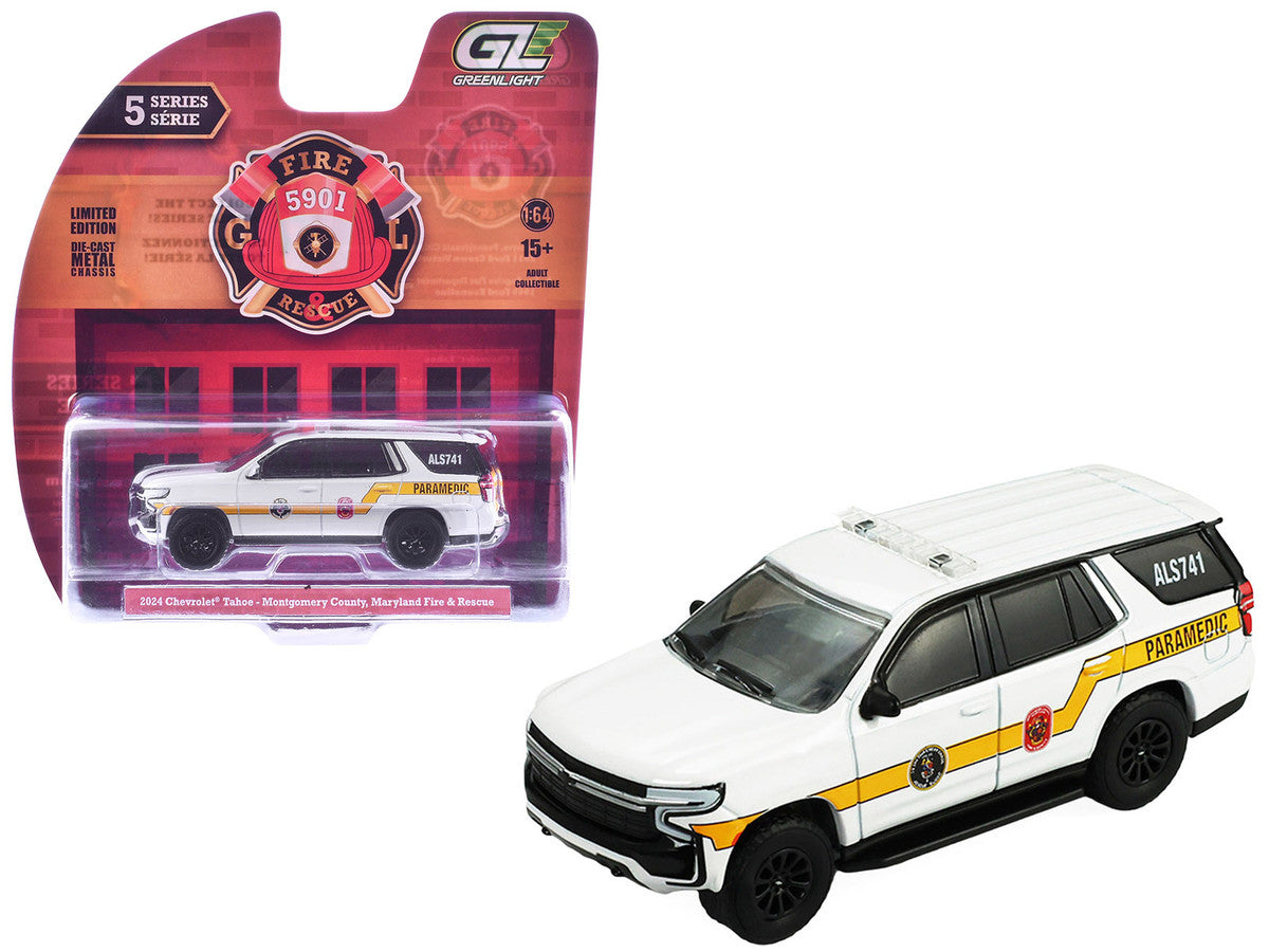 2024 Chevrolet Tahoe "Montgomery County Maryland Fire & Rescue Bethesda-Chevy Chase Rescue Squad" White with Yellow Stripes "Fire & Rescue" Series #5 1/64 Diecast Model Car by Greenlight-4
