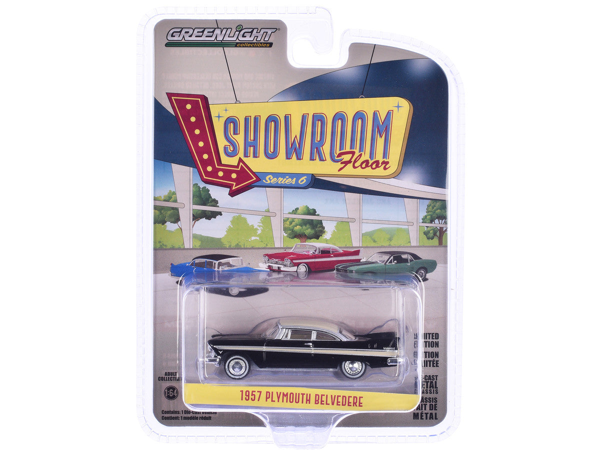 1957 Plymouth Belvedere Jet Black with Sand Dune White Top and Stripes "Showroom Floor" Series 6 1/64 Diecast Model Car by Greenlight-2