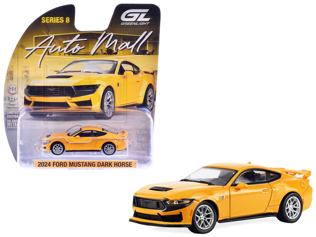 2024 Ford Mustang Dark Horse Yellow Splash Metallic "Auto Mall" Series 8 1/64 Diecast Model Car by Greenlight-4