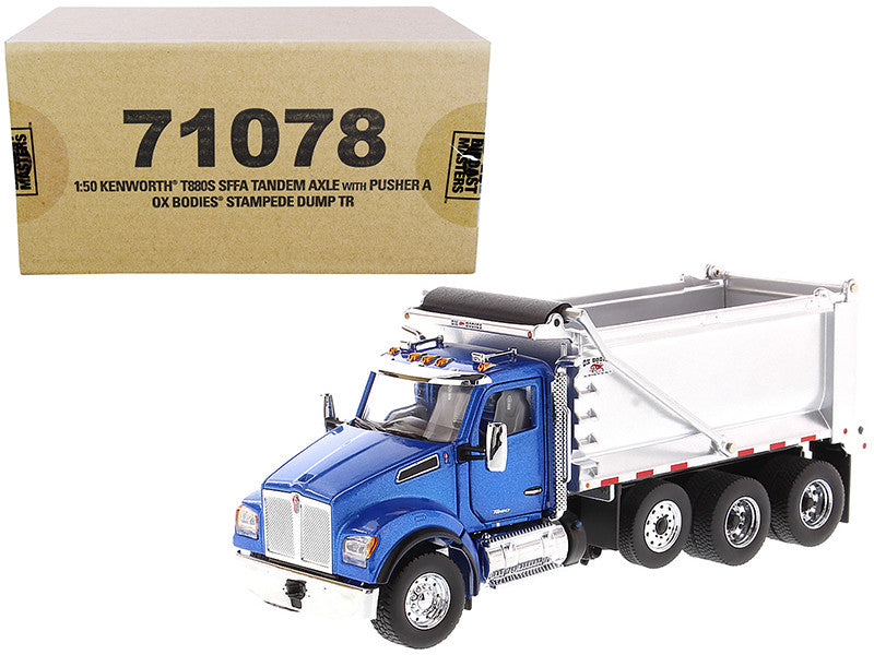 Kenworth T880S SFFA Tandem Axle with Pusher Axle OX Stampede Dump Truck Blue and Chrome "Transport Series" 1/50 Diecast Model by Diecast Masters-0
