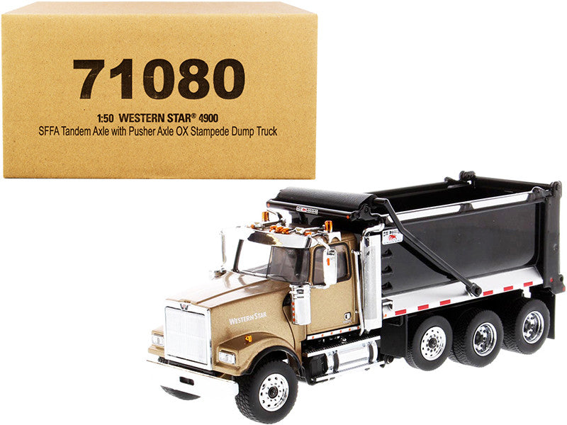 Western Star 4900 SFFA Tandem with Pusher Axle OX Stampede Dump Truck Gold and Black "Transport Series" 1/50 Diecast Model by Diecast Masters-0