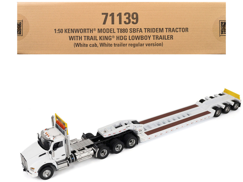 Kenworth T880 SBFA Tridem Truck with Trail King HDG Lowboy Trailer White "Transport Series" 1/50 Diecast Model by Diecast Masters-4