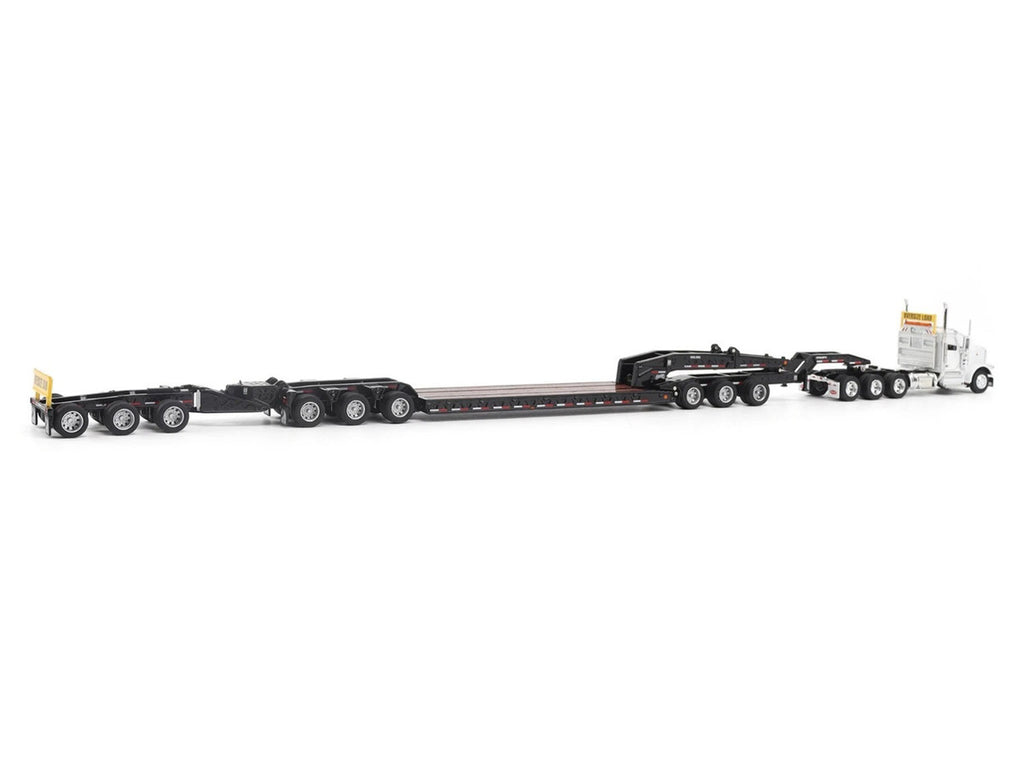 Peterbilt 589 Tridem-Axle Truck Tractor with Day Cab and Trail King TK170 Hydraulic Detachable Gooseneck Lowboy Trailer with Jeep and Booster White "Transport Series" 1/64 Diecast Model by Diecast Masters-2