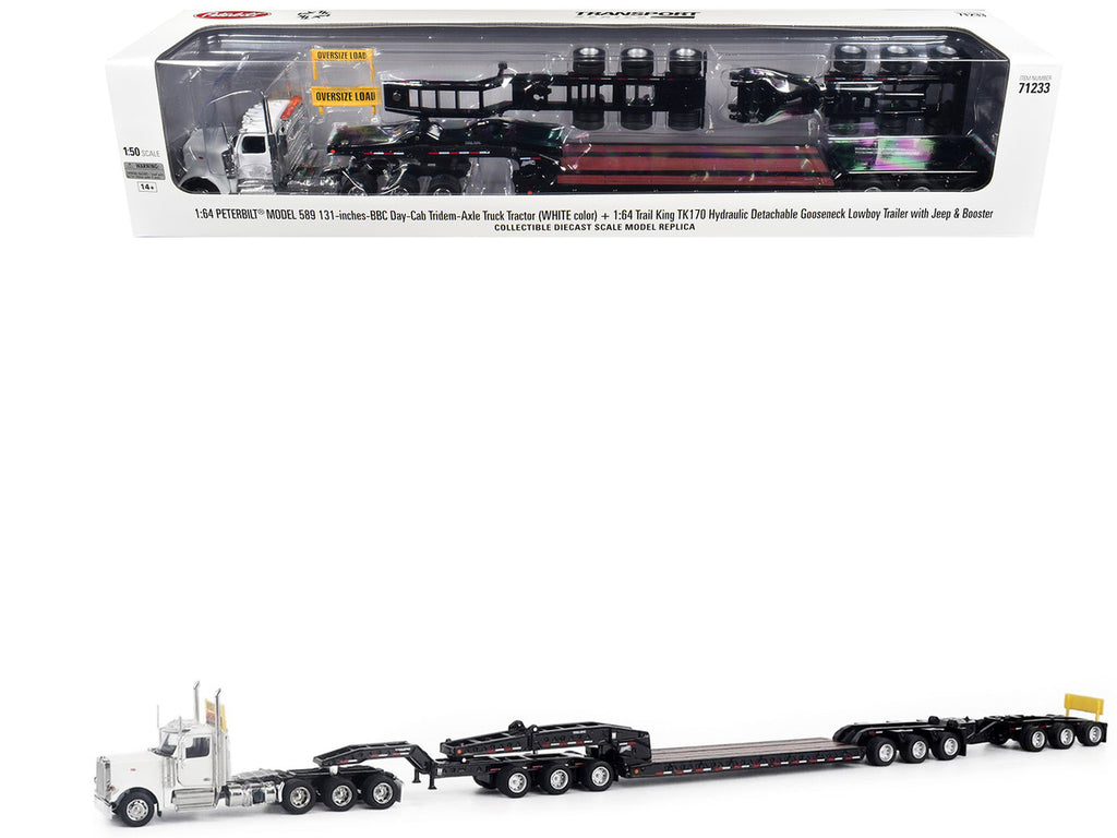 Peterbilt 589 Tridem-Axle Truck Tractor with Day Cab and Trail King TK170 Hydraulic Detachable Gooseneck Lowboy Trailer with Jeep and Booster White "Transport Series" 1/64 Diecast Model by Diecast Masters-4