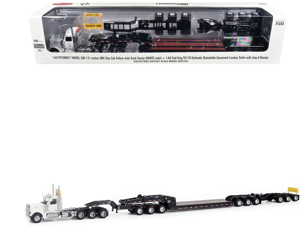 Peterbilt 589 Tridem-Axle Truck Tractor with Day Cab and Trail King TK170 Hydraulic Detachable Gooseneck Lowboy Trailer with Jeep and Booster White "Transport Series" 1/64 Diecast Model by Diecast Masters-4