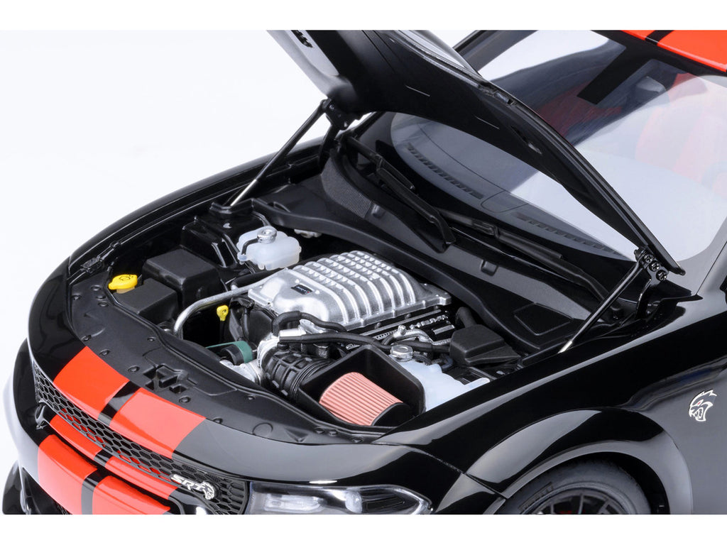 Dodge Charger SRT Hellcat Redeye Pitch Black with Red Stripes and Interior 1/18 Model Car by Autoart-3