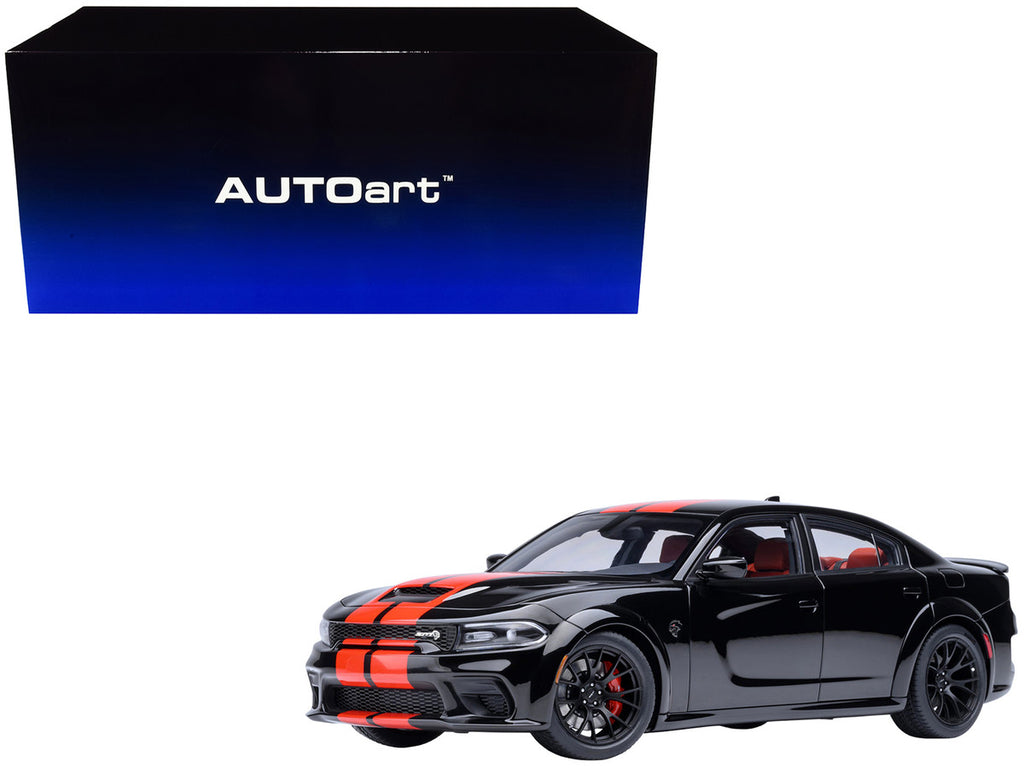 Dodge Charger SRT Hellcat Redeye Pitch Black with Red Stripes and Interior 1/18 Model Car by Autoart-4