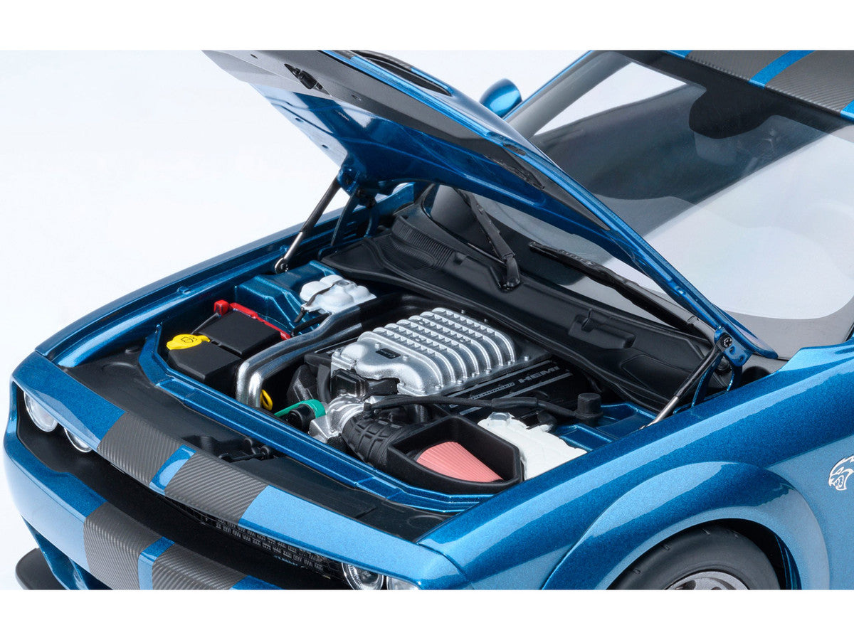 2023 Dodge Challenger SRT Super Stock Frostbite Blue Metallic with Carbon Stripes 1/18 Model Car by Autoart-3