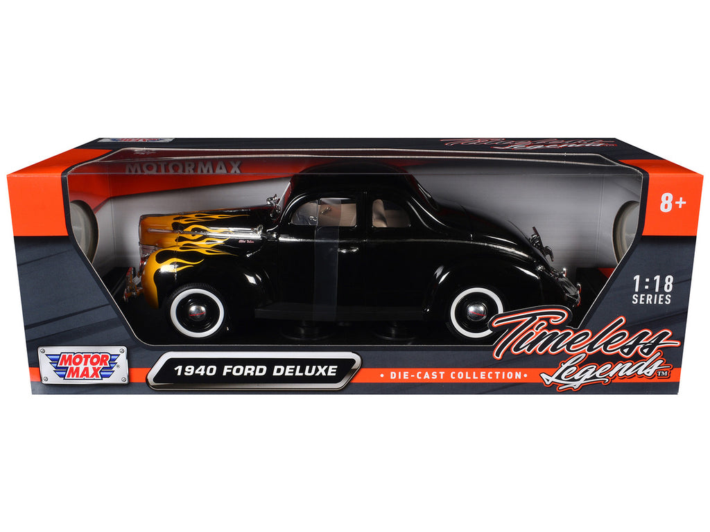 1940 Ford Deluxe Black with Yellow Flames "Timeless Classics" 1/18 Diecast Model Car by Motormax-2