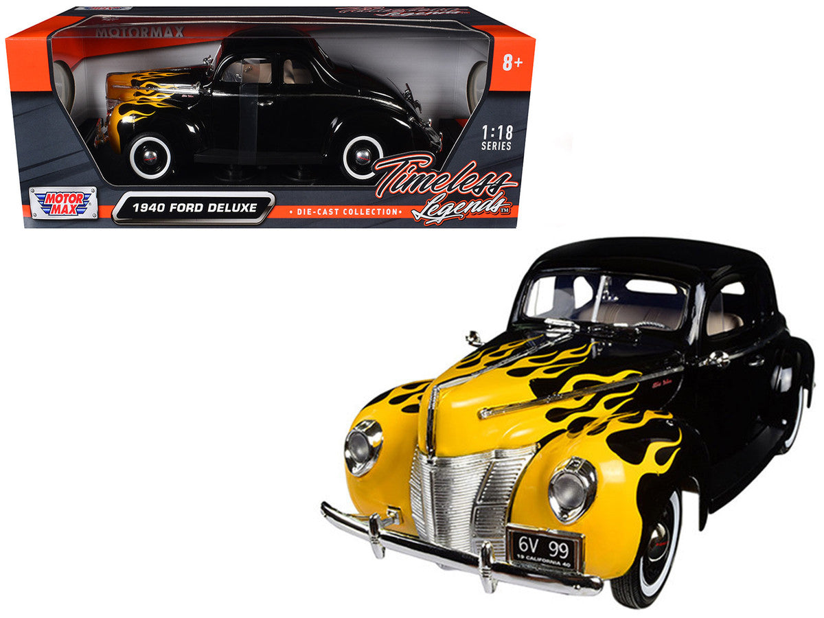 1940 Ford Deluxe Black with Yellow Flames "Timeless Classics" 1/18 Diecast Model Car by Motormax-0