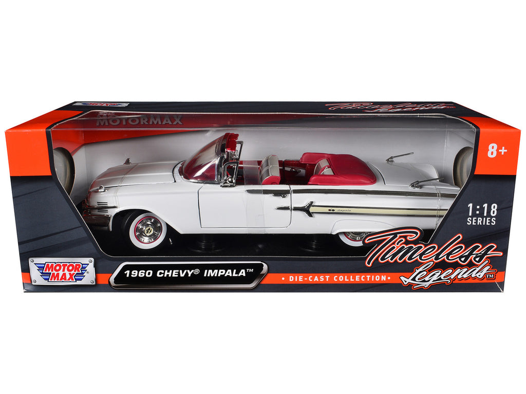 1960 Chevrolet Impala Convertible White with Red Interior 1/18 Diecast Model Car by Motormax-1