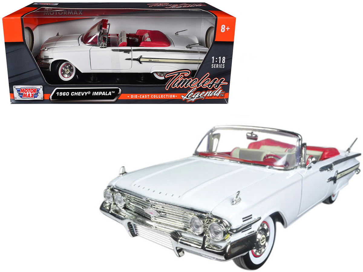 1960 Chevrolet Impala Convertible White with Red Interior 1/18 Diecast Model Car by Motormax-2