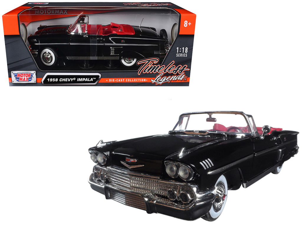 1958 Chevrolet Impala Convertible Black with Red Interior "Timeless Classics" 1/18  Diecast Model Car by Motormax-2