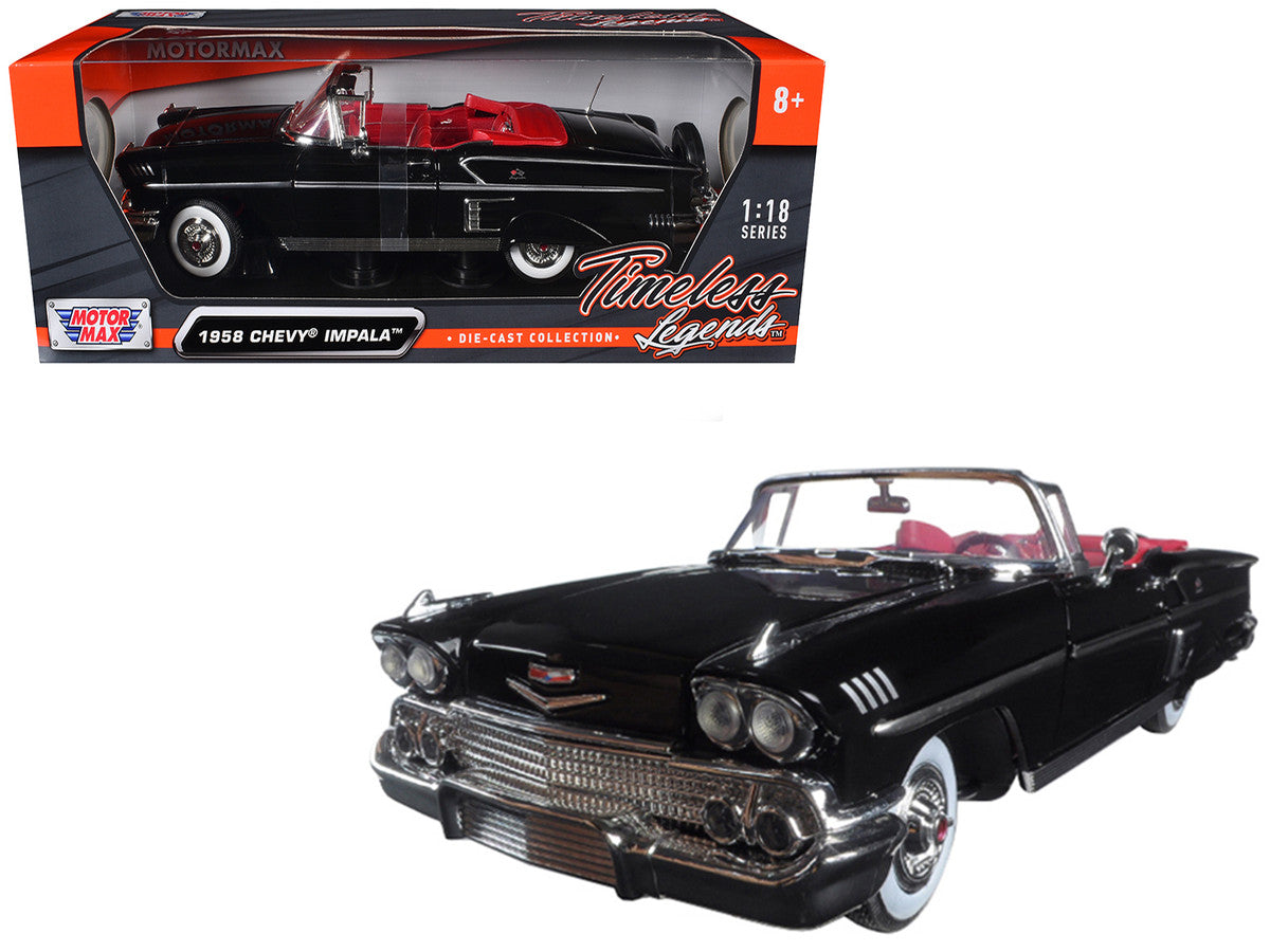 1958 Chevrolet Impala Convertible Black with Red Interior "Timeless Classics" 1/18  Diecast Model Car by Motormax-2