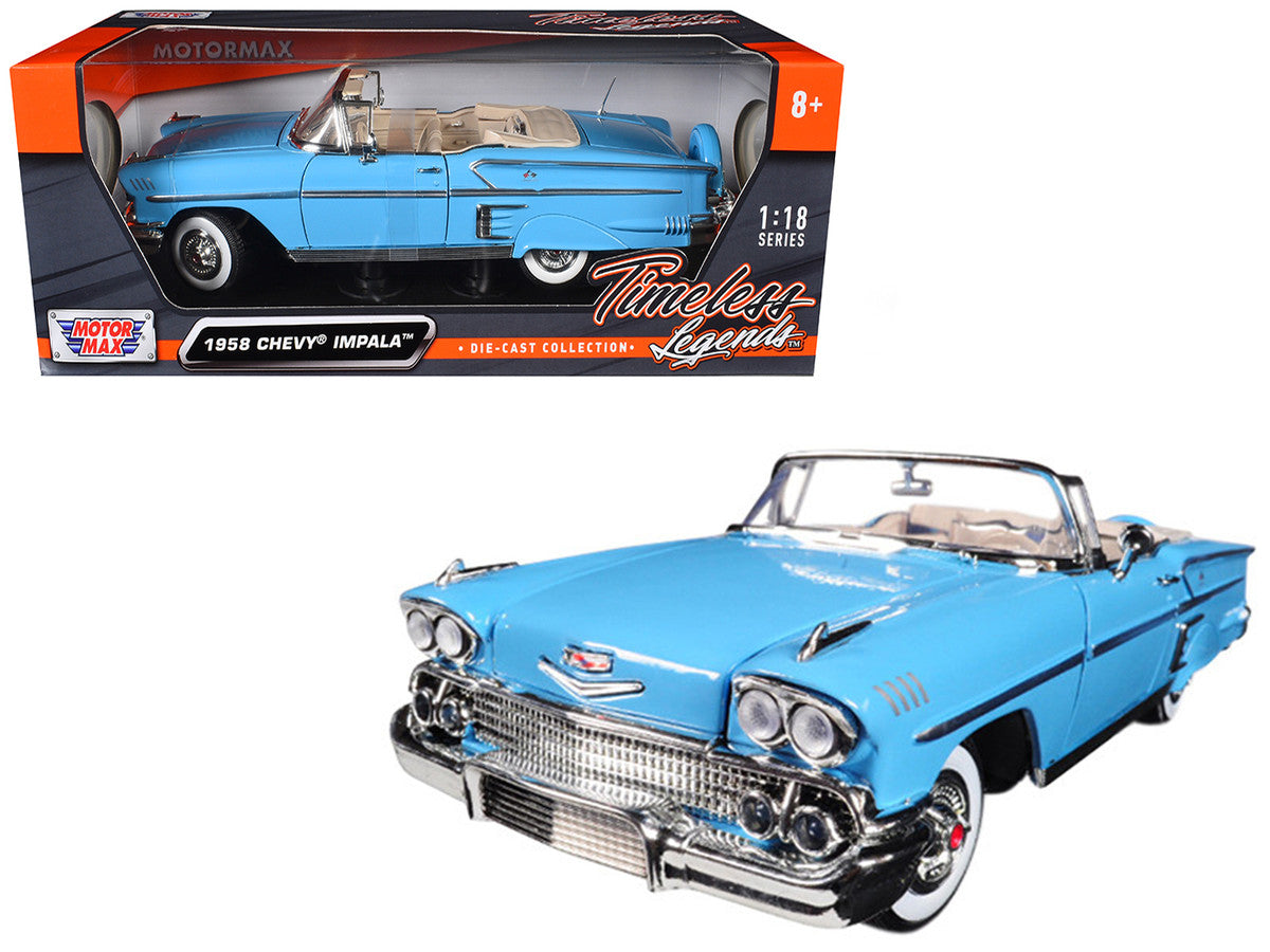 1958 Chevrolet Impala Convertible Light Blue "Timeless Classics" 1/18 Diecast Model Car by Motormax-2