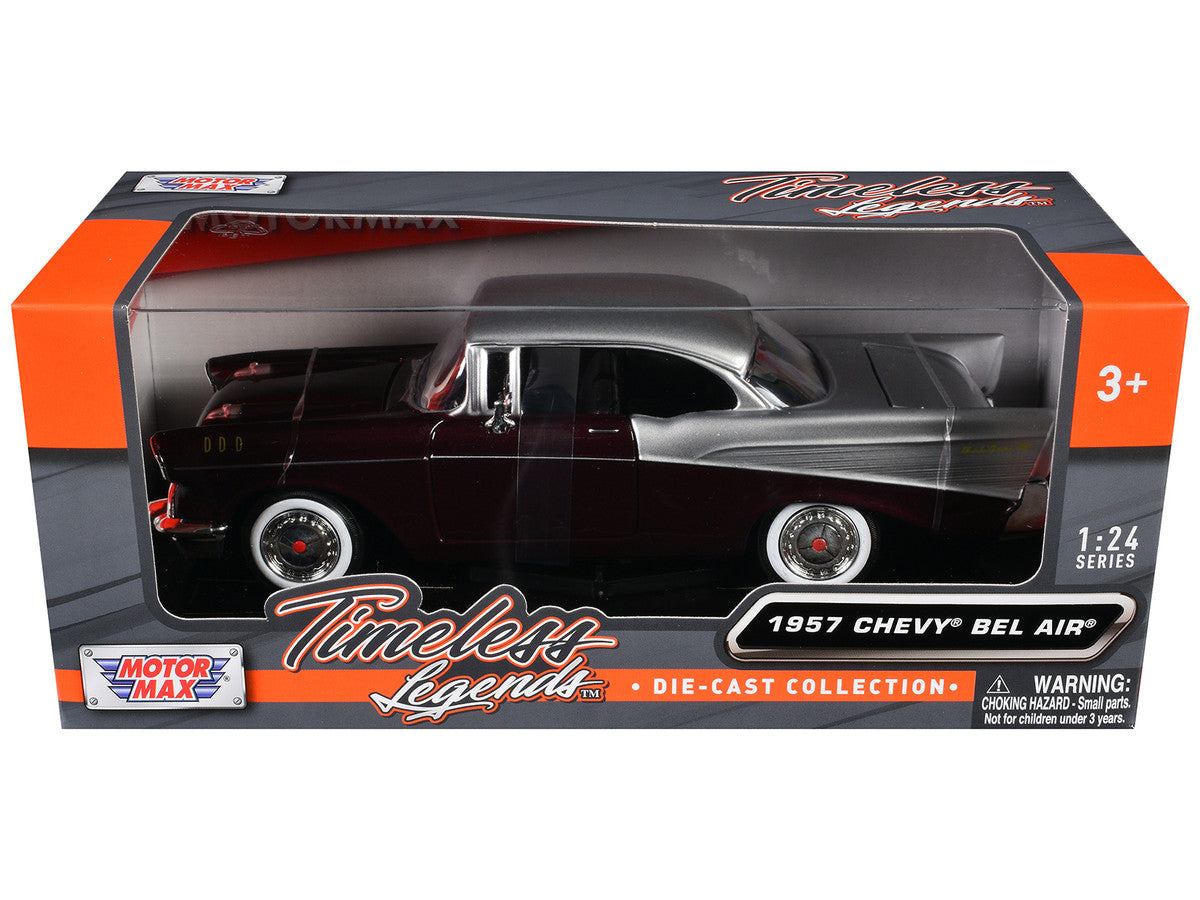 1957 Chevrolet Bel Air Burgundy Metallic and Silver Metallic "Timeless Legends" Series 1/24 Diecast Model Car by Motormax-0