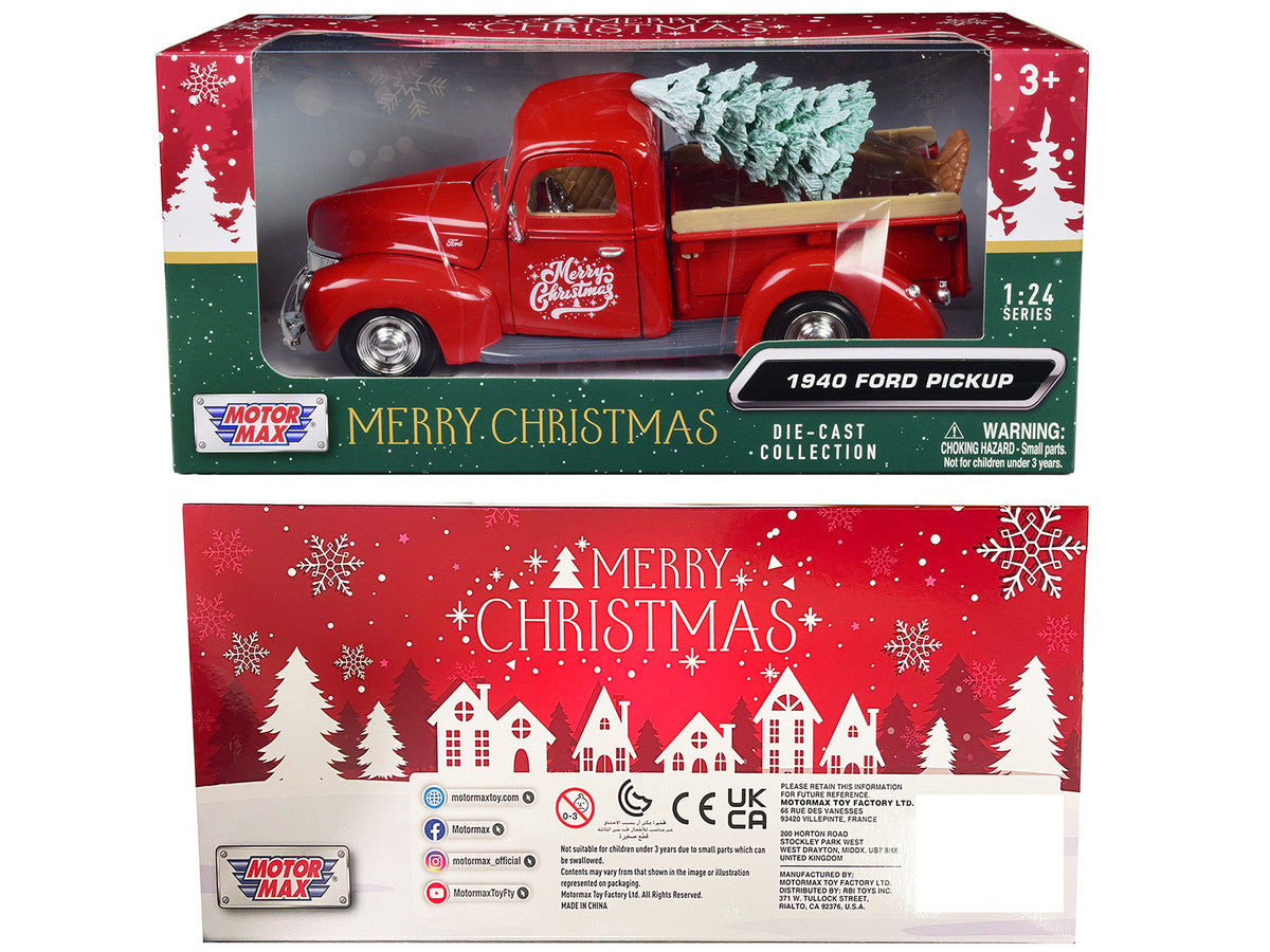 1940 Ford Pickup Truck Red "Merry Christmas" with Tree Accessory 1/24 Diecast Model Car by Motormax-1