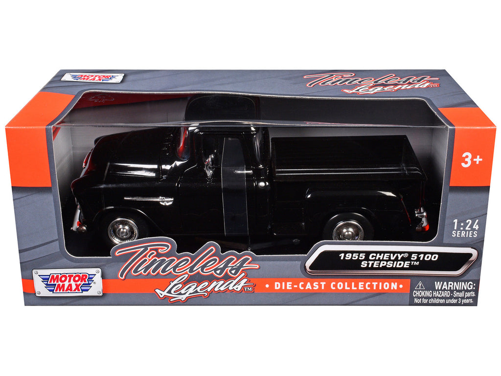 1955 Chevrolet 5100 Stepside Pickup Truck Black 1/24 Diecast Car Model by Motormax-1
