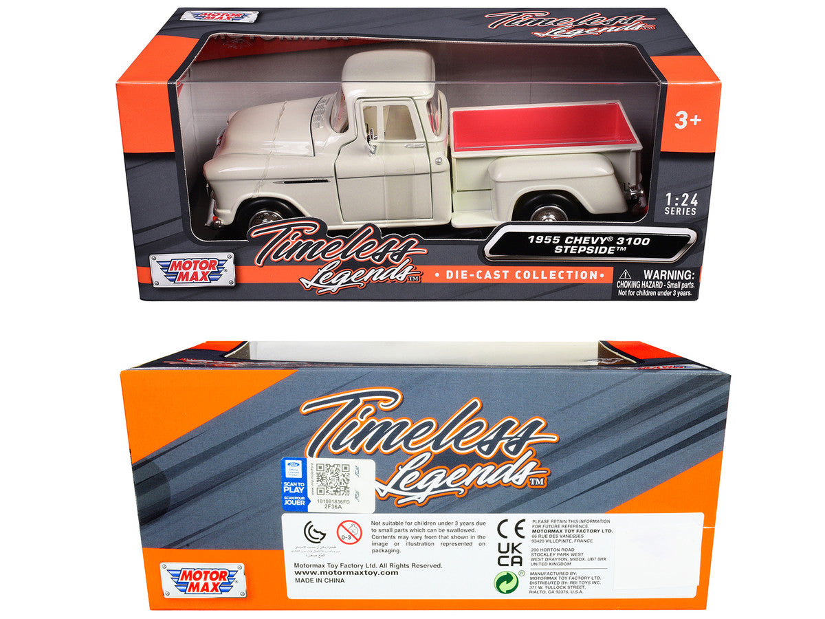 1955 Chevrolet 3100 Stepside Pickup Truck Cream with White Interior "Timeless Legends" Series 1/24 Diecast Model Car by Motormax-1