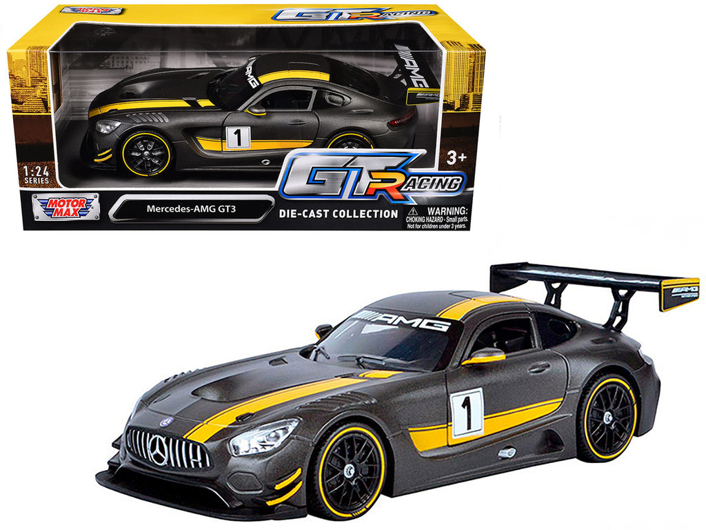 Mercedes AMG GT3 #1 Matt Gray with Yellow Stripes "GT Racing" 1/24 Diecast Model Car by Motormax-2