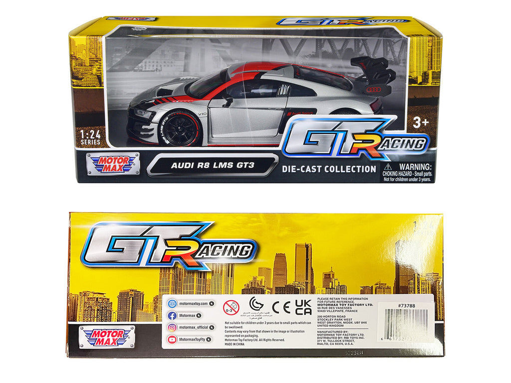 Audi R8 LMS GT3 Silver Metallic with Graphics "GT Racing" Series 1/24 Diecast Model Car by Motormax-2