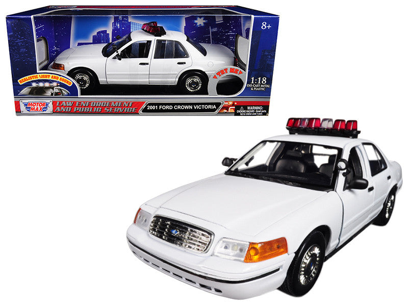 2001 Ford Crown Victoria Police Car Plain White with Flashing Light Bar and Front and Rear Lights and Sounds 1/18 Diecast Model Car by Motormax-0