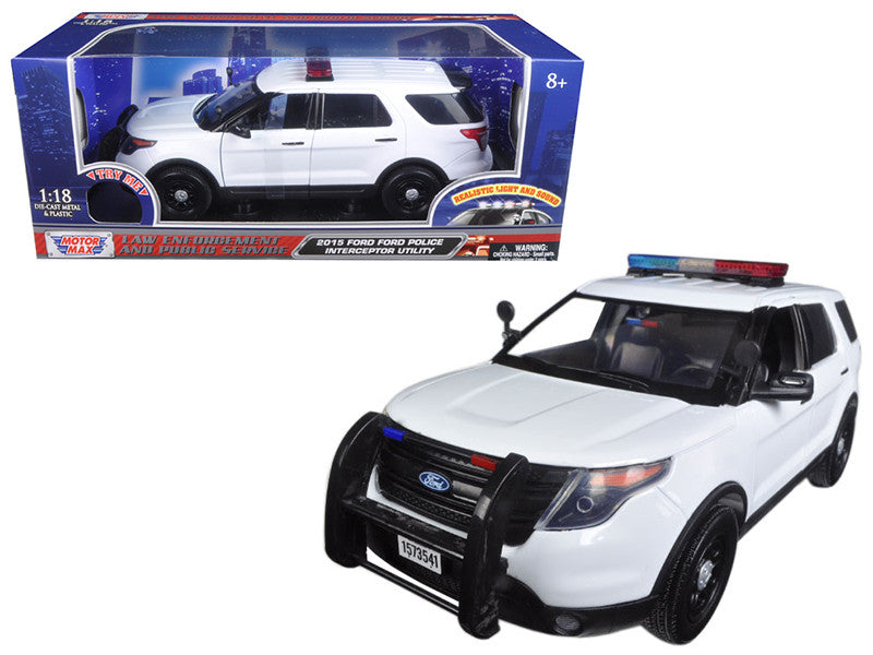 2015 Ford Police Interceptor Utility White with Flashing Light Bar and Front and Rear Lights and 2 Sounds 1/18 Diecast Model Car by Motormax-0