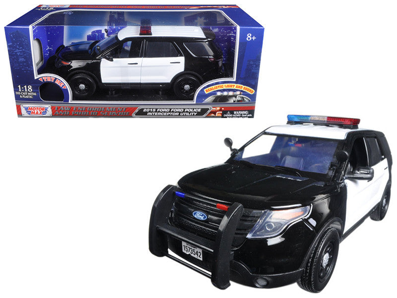 2015 Ford Police Interceptor Utility Black and White with Flashing Light Bar and Front and Rear Lights and 2 Sounds 1/18 Diecast Model Car by Motormax-0