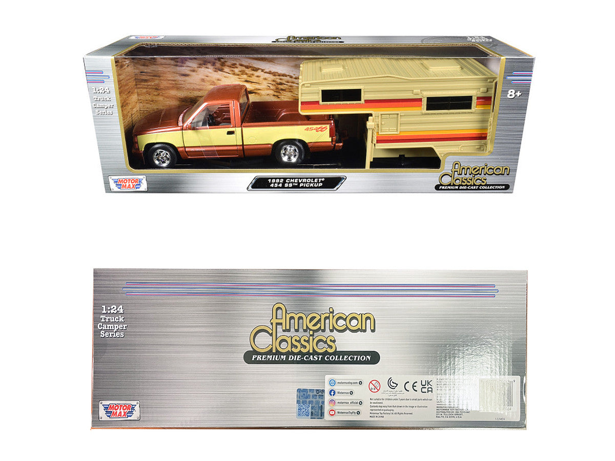 1992 Chevrolet 454 SS Pickup Truck Copper Metallic with Beige Sides with Camper Shell "American Classics" Series 1/24 Diecast Model Car by Motormax-0