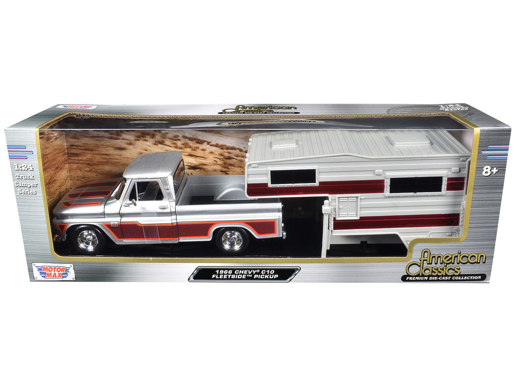 1966 Chevrolet C10 Fleetside Pickup Truck Silver Metallic with Brown Sides with Camper Shell "American Classics" Series 1/24 Diecast Model Car by Motormax-2