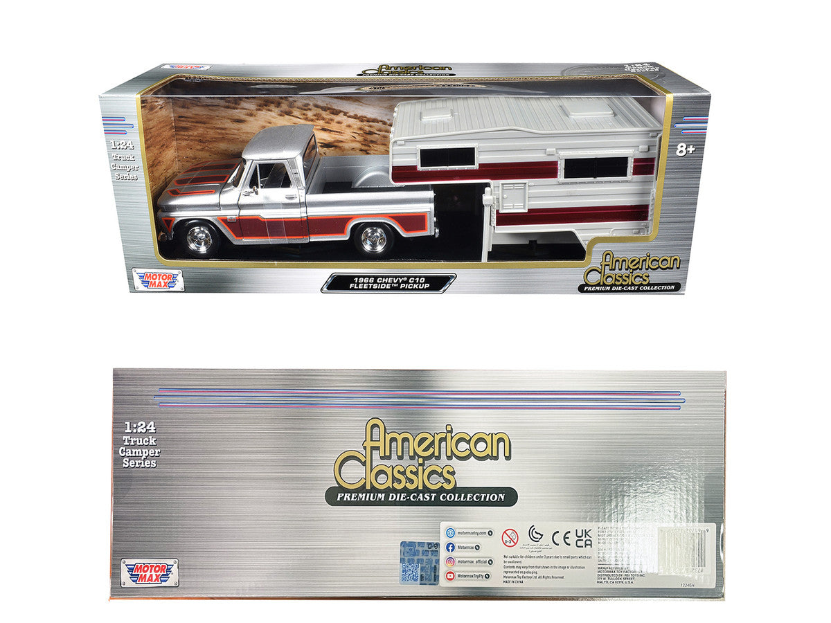1966 Chevrolet C10 Fleetside Pickup Truck Silver Metallic with Brown Sides with Camper Shell "American Classics" Series 1/24 Diecast Model Car by Motormax-0