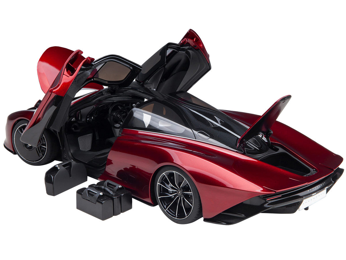 McLaren Speedtail Volcano Red Metallic with Black Top and Suitcase Accessories 1/18 Model Car by Autoart-1