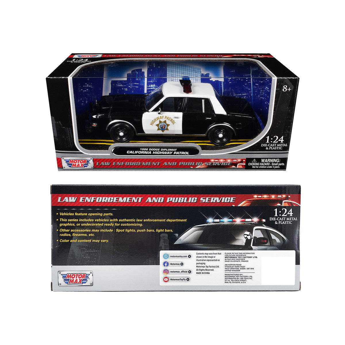 1986 Dodge Diplomat Police Car "California Highway Patrol" Black and White "Law Enforcement and Public Service" Series 1/24 Diecast Model Car by Motormax-2