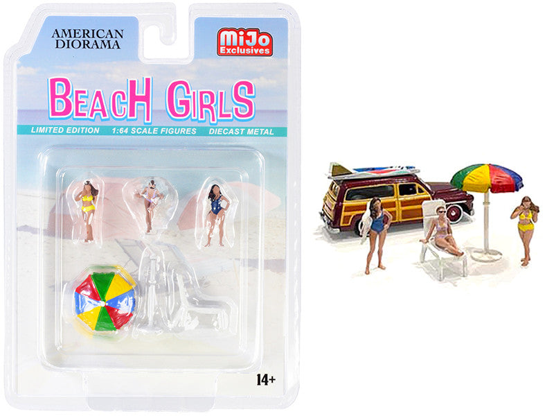 "Beach Girls" 5 piece Diecast Set (3 Figurines 1 Beach Chaise and 1 Beach Umbrella) for 1/64 Scale Models by American Diorama-0