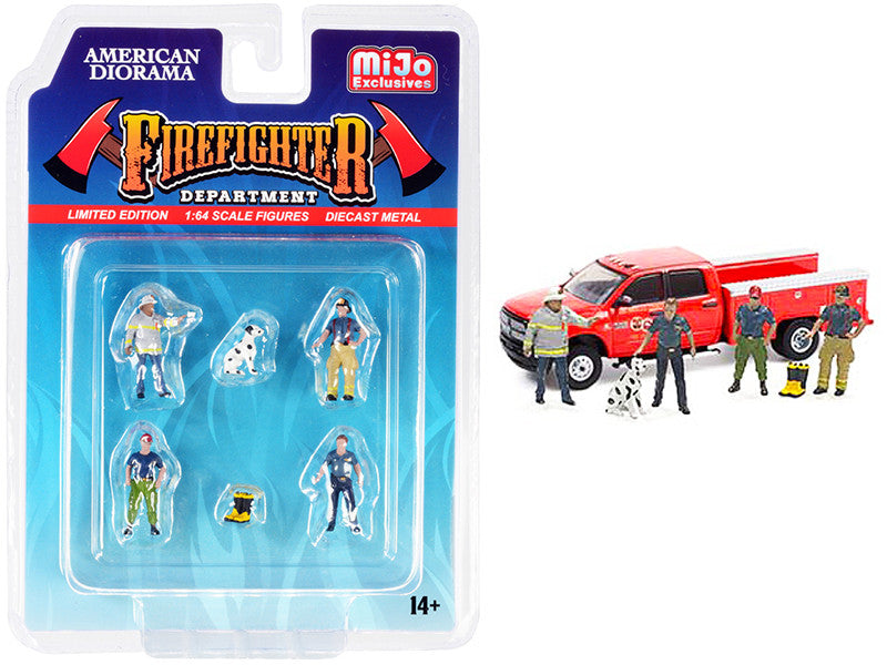 "Firefighter II" 6 piece Diecast Set (4 Figurines 1 Dog and 1 Accessory) for 1/64 Scale Models by American Diorama-0